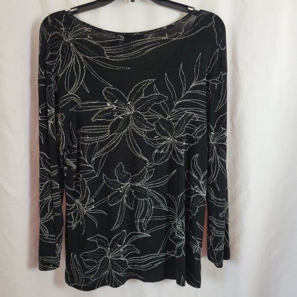 Chico's Travelers Sz (2) 12 Medium black white pullover blouse floral stretchy - Picture 3 of 5